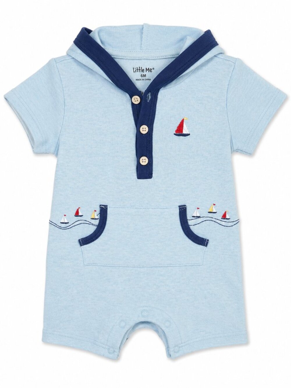 NWT Little Me Baby Boy Hooded Romper Size 6 Months Sailboat Nautical Summer